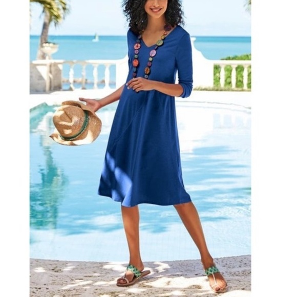 Soft Surroundings Women’s Blue Daphne V-Neck Dress Sz L - Picture 1 of 8
